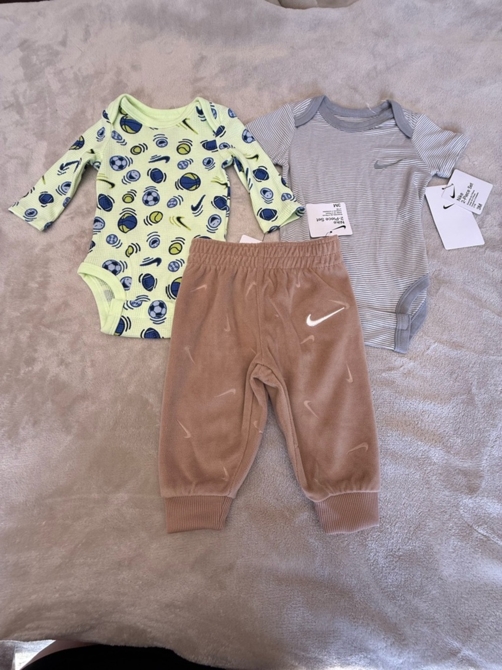 Bundle 3 Nike Brown Velour Pants, Gray Stripe and Lime Patterned Bodysuits 3m